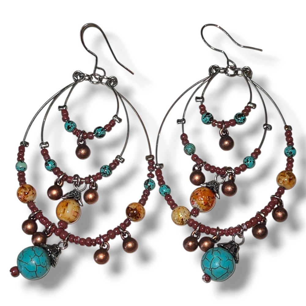Big Boho Beaded Dangle Statement Earrings Bronze & Turquoise Color